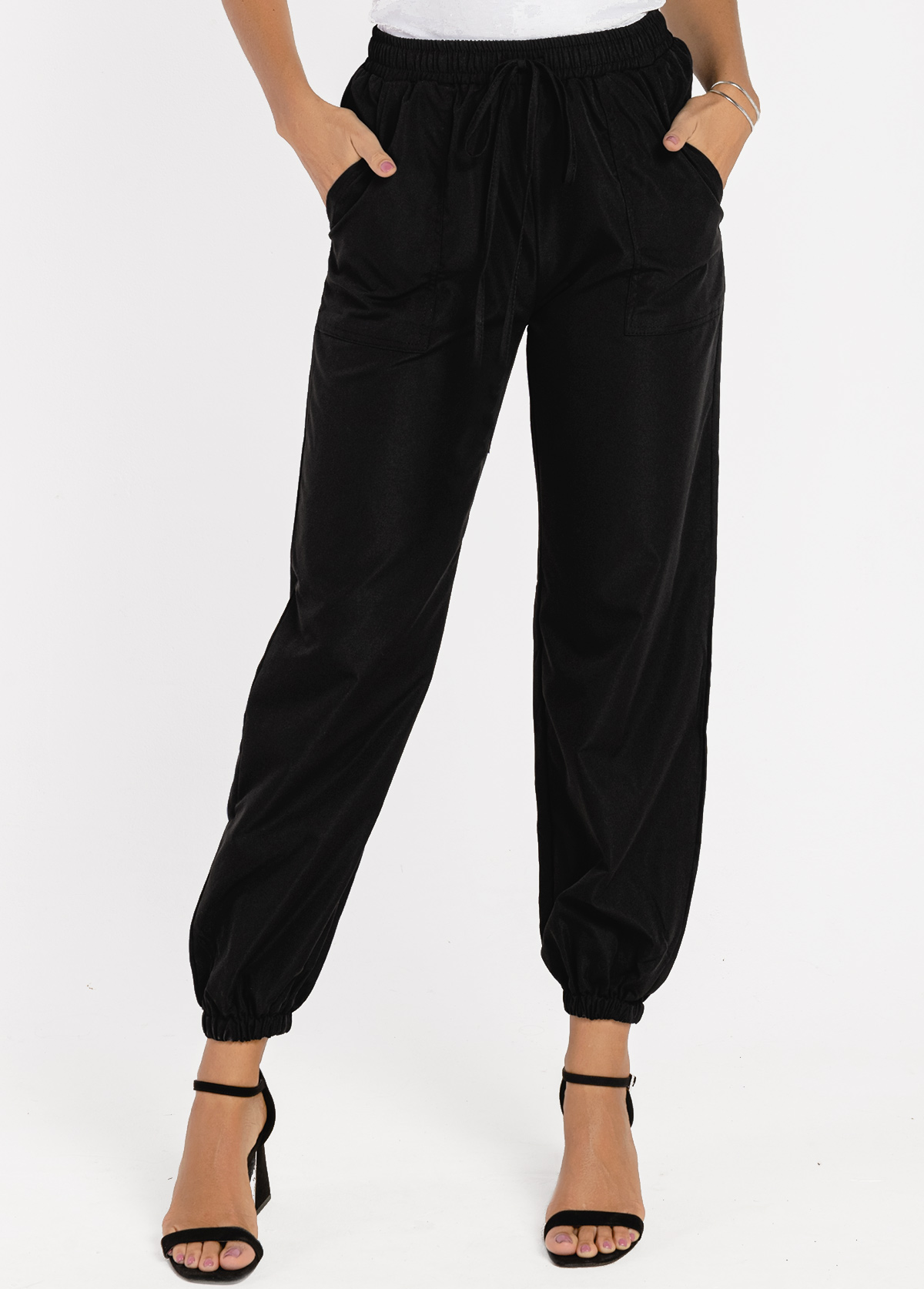 High Waisted Pocket Tie Front Black Pants