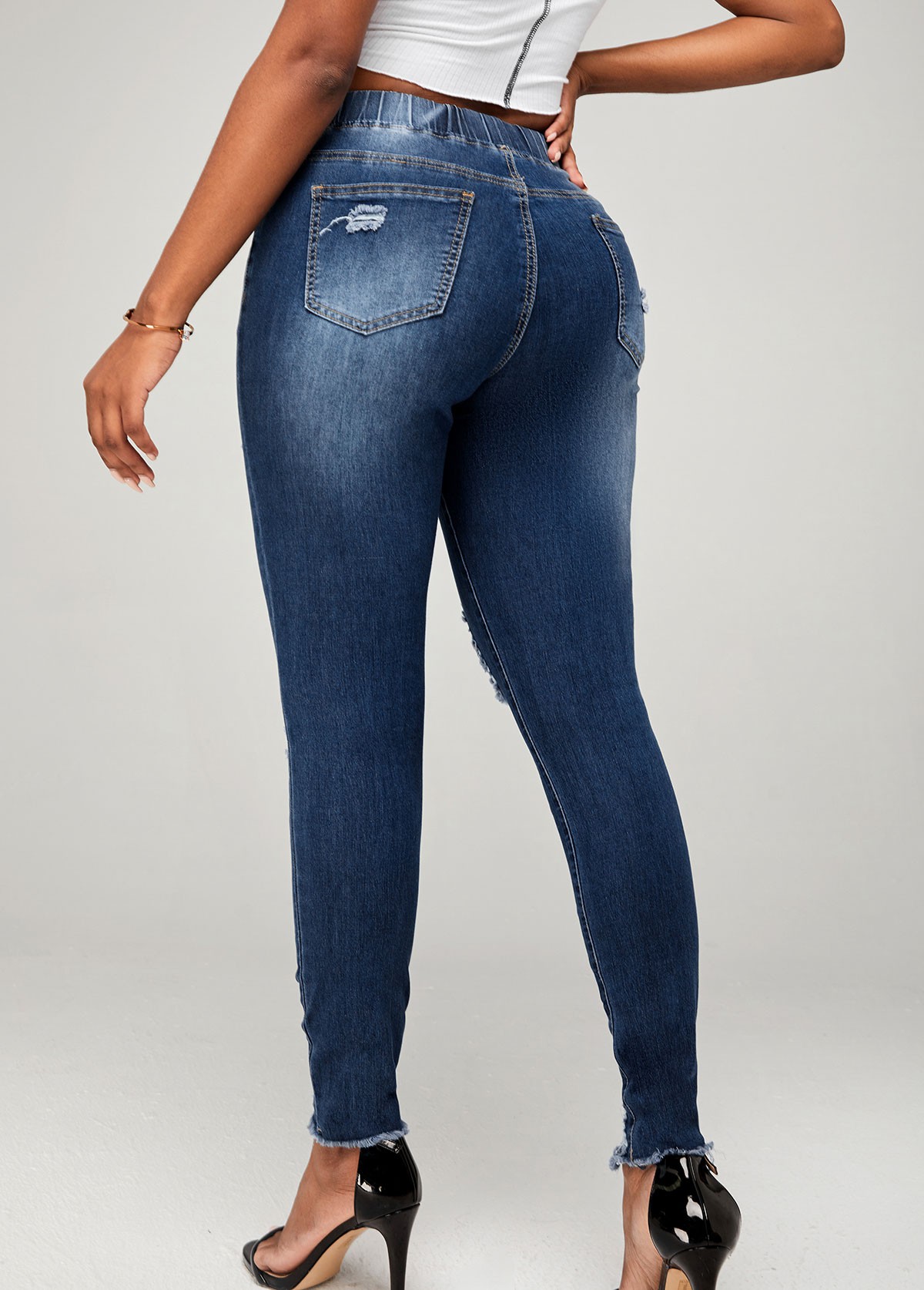Drawstring Detail Shredded Skinny Mid Waist Jeans