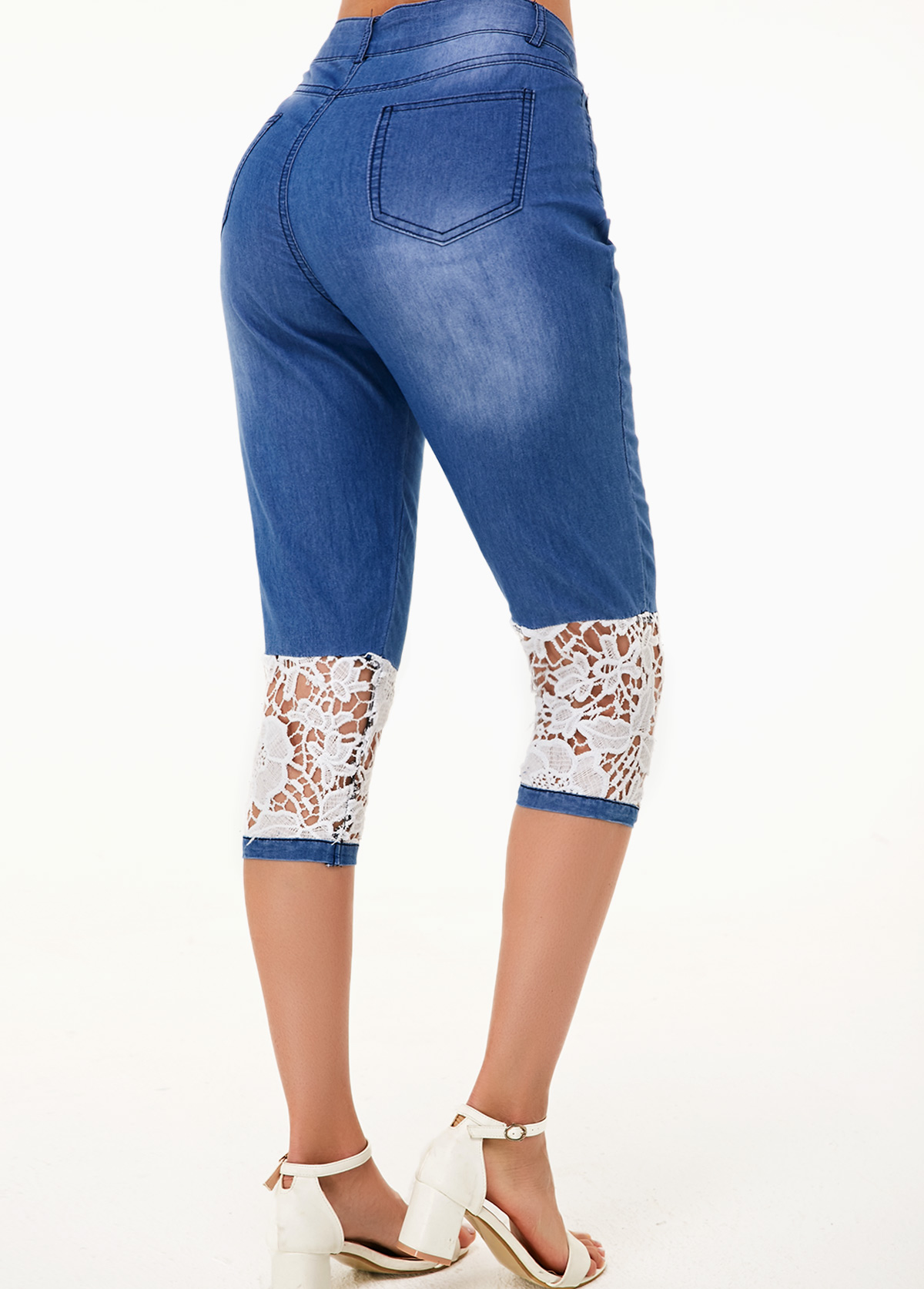 Denim Blue Lace Panel Contrast Design Jeans